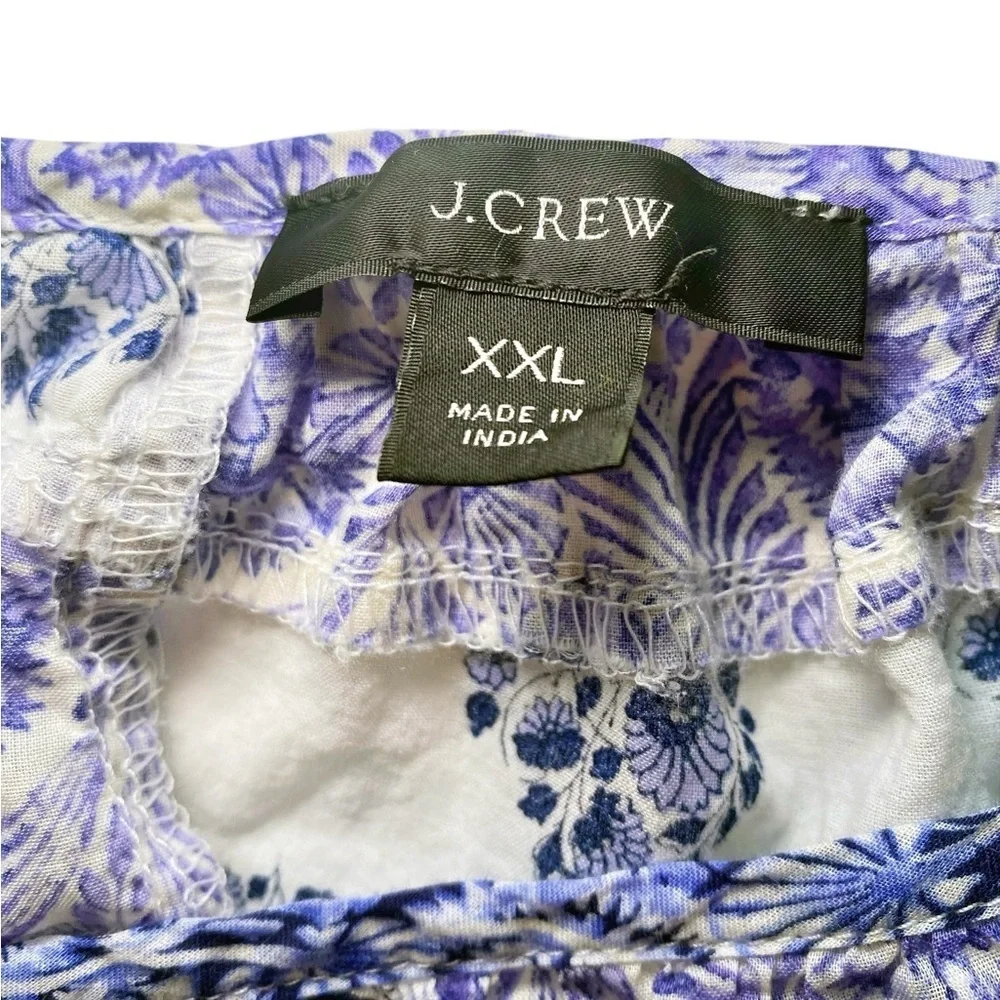 J. Crew Blue and White Patchwork Cropped Peasant Blouse